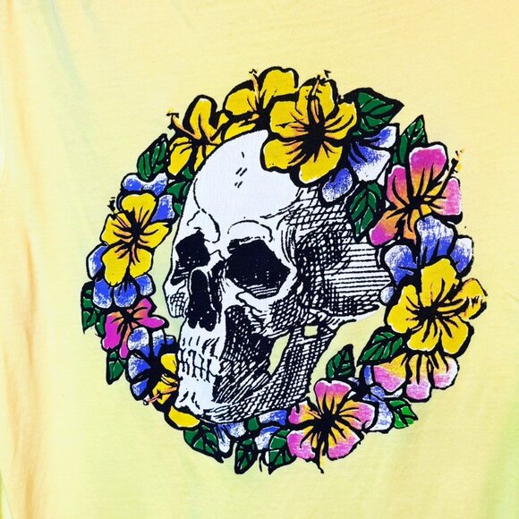 Originals Mens Yellow Cotton T-Shirt Sugar Skull Flowers Day of Dead Skater Surf - Picture 4 of 4